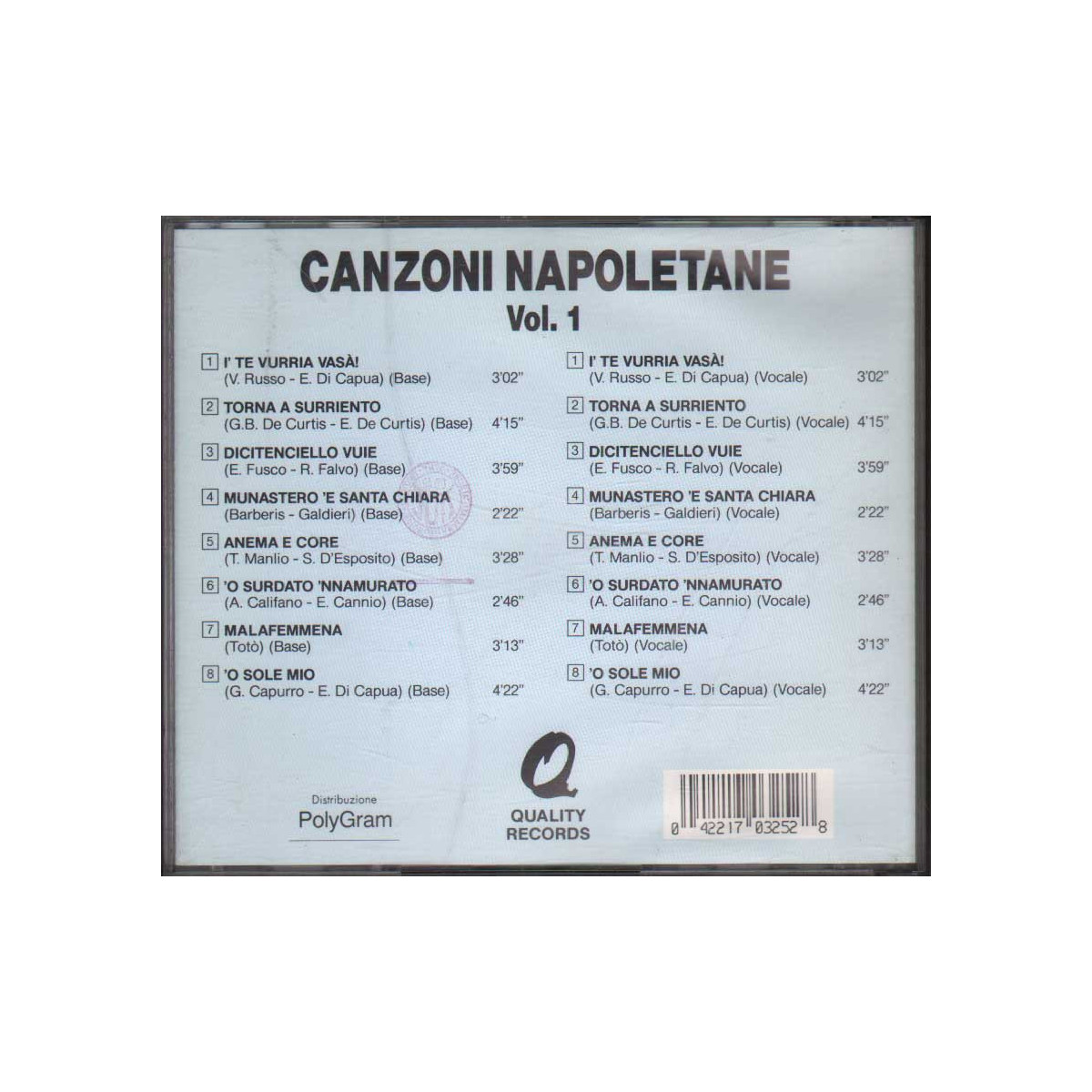 Various CD Karaoke Canzoni Napoletane Vol. 1 Quality Records