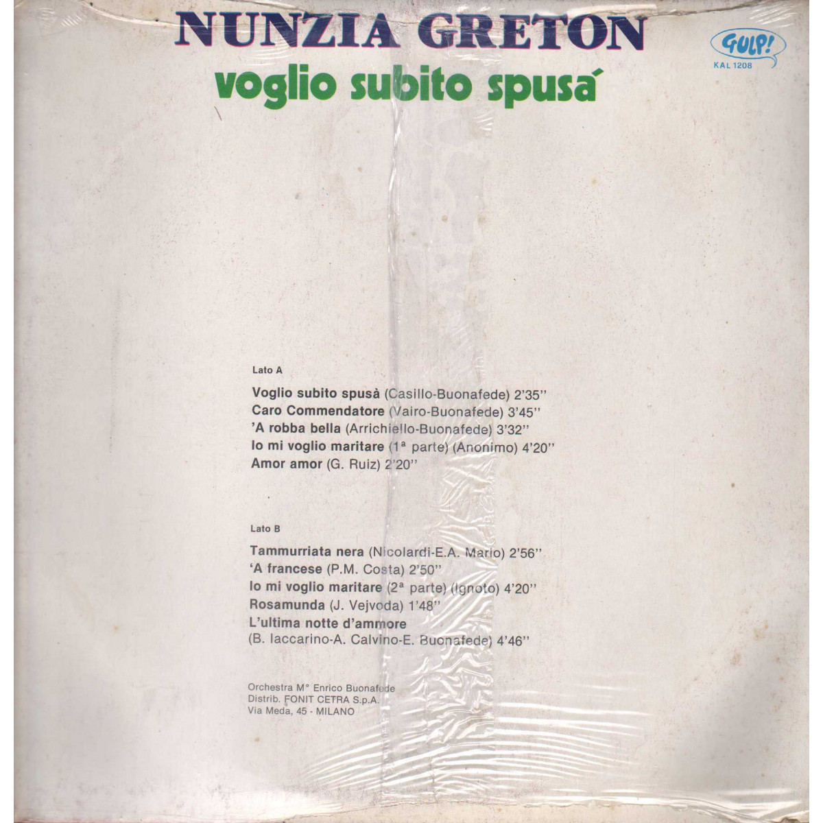 Nunzia Greton LP Vinile Voglio Subito Spusa'/ Gulp – KAL1208 Sigillato