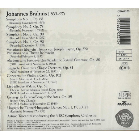 Johannes Brahms - Arturo Toscanini, NBC Symphony Orchestra CD Brahms 4 Symphonies / RCA Victor Gold Seal – GD60325 Sigillato