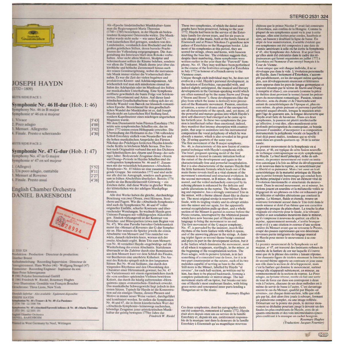 J Haydn E Chamber Orchestra D Barenboim ‎Lp Symphonie Nr. 46 / Nr
