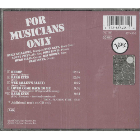 Dizzy Gillespie, Stan Getz, Sonny Stitt CD For Musicians Only / Verve Records – 8374352 Sigillato