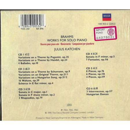 Katchen Cd Brahms, Katchen CD Works For Solo Piano / Decca – 4300532 Sigillato