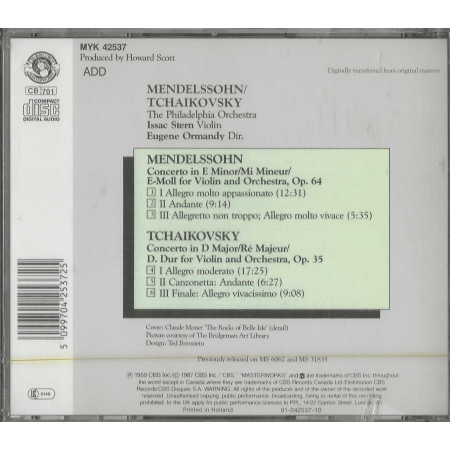 Mendelssohn, Tchaikovsky CD Concertos For Violin / CBS – MYK 42537 Sigillato